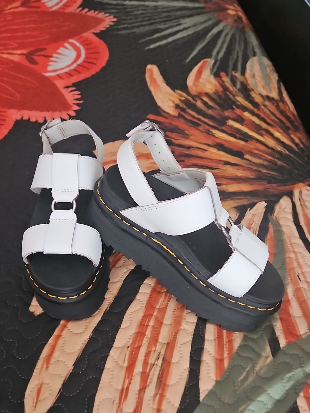 Dr. Martens White Platform Strap Sandals with Black Sole